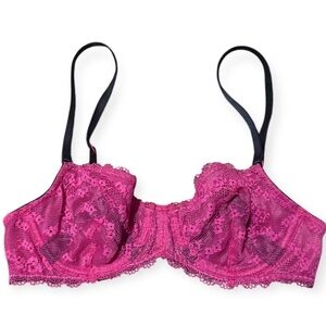 Jezebel Hot Pink Lace Underwire Bra Semi Sheer Sexy Bra, Size 32B, NWOT